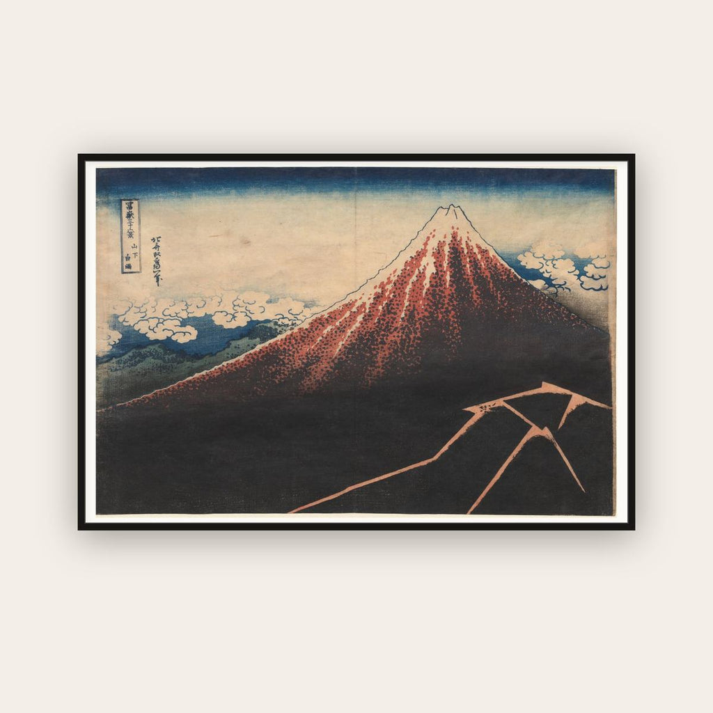 Rainstorm Beneath the Summit — Katsushika Hokusai (c. 1830) — framed art print