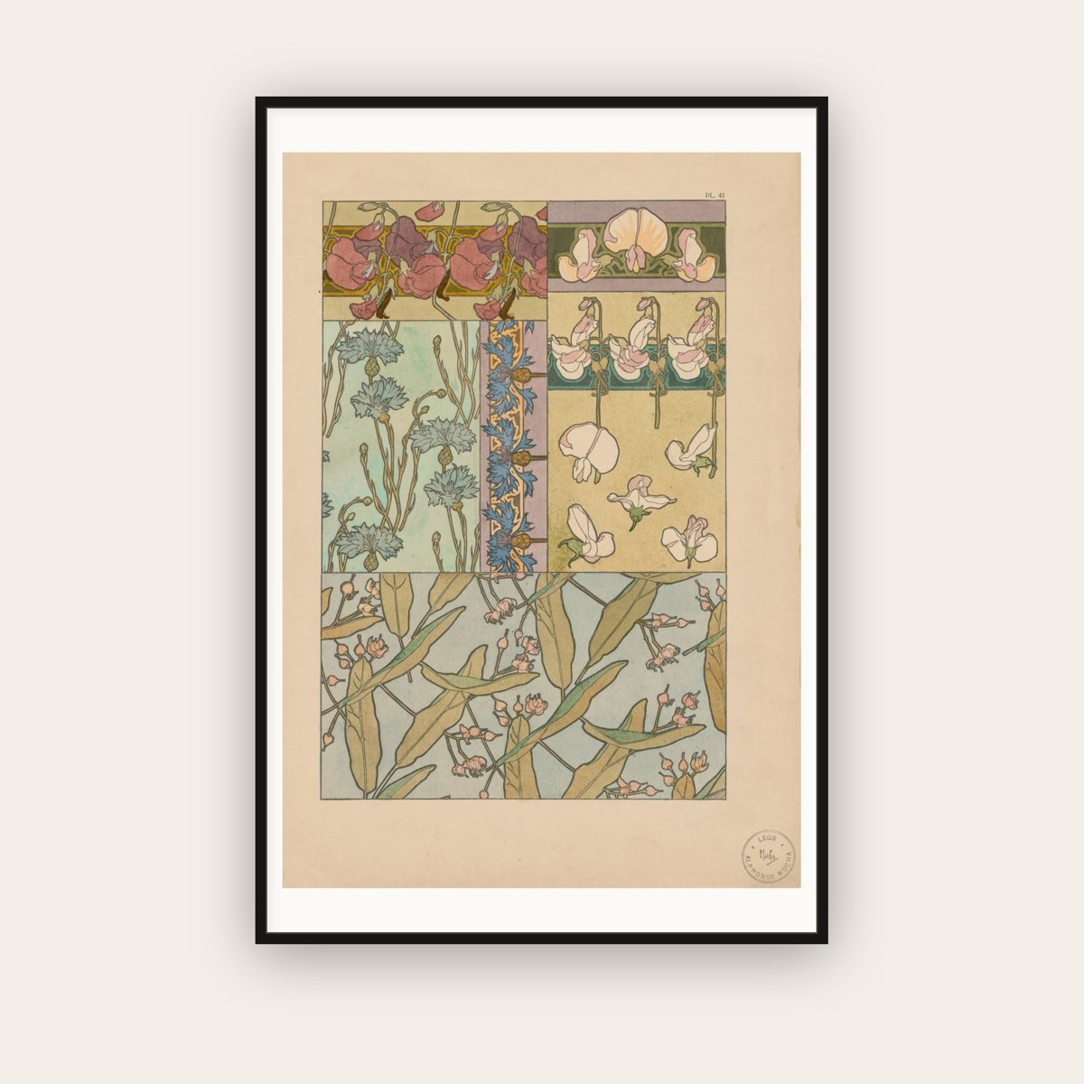 Sweet Peas — Documents Décoratifs — Alphonse Mucha (1902) — framed art print