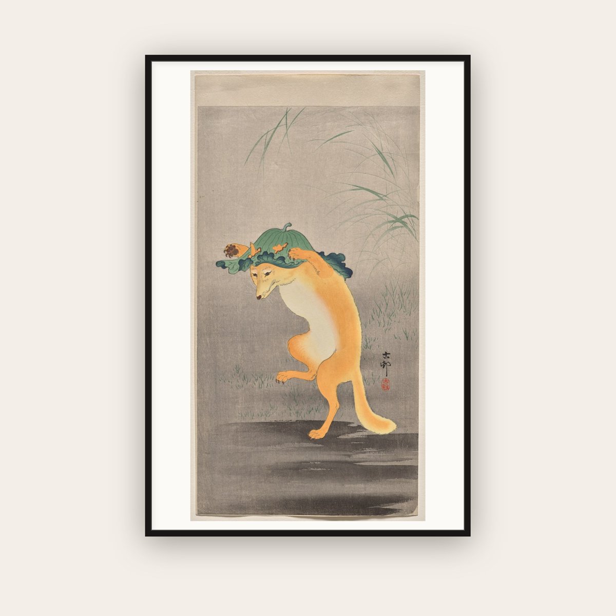 Dancing Fox — Ohara Koson (c. 1910) — framed art print